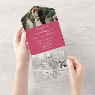 Invitation Tout En Un Simple Magenta 2 Photo QR Code RSVP Mariage