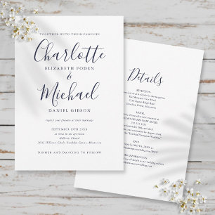 Invitation Tout En Un Simple Mariage Bleu Marine Script