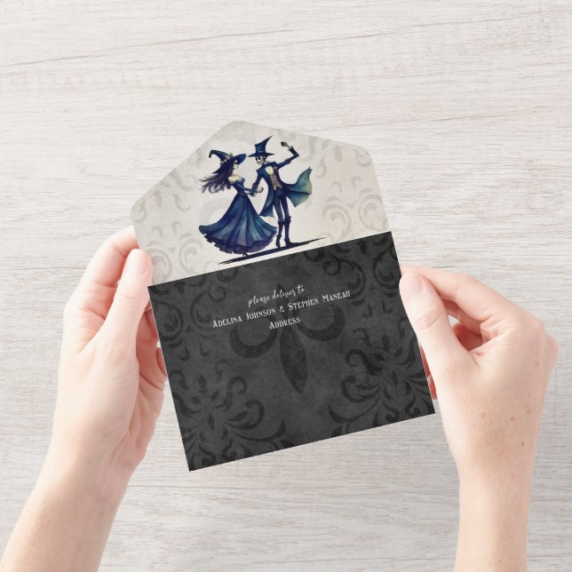 Invitation Tout En Un Simple Monogram Skeleton Halloween QR Code Mariage (Ouverture)