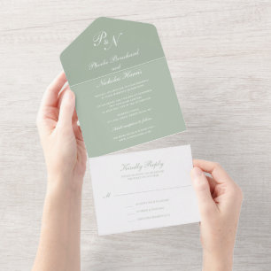 Invitation Tout En Un Simple Monogramme Elegant Sage Mariage vert