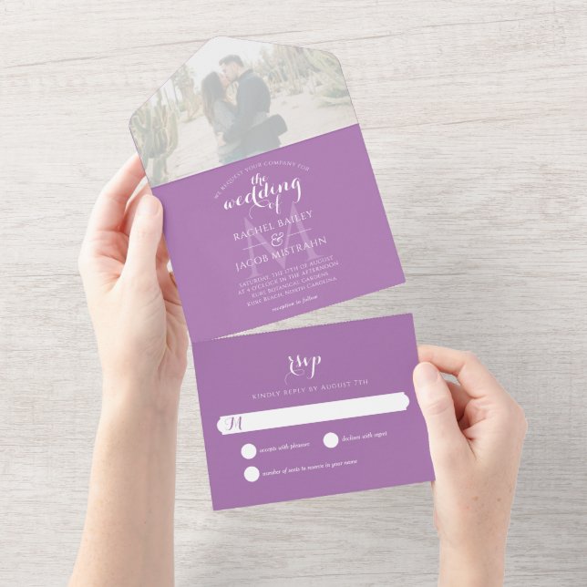 Invitation Tout En Un Simple Monogramme Lavande Violet Photo Mariage (Déchirure)