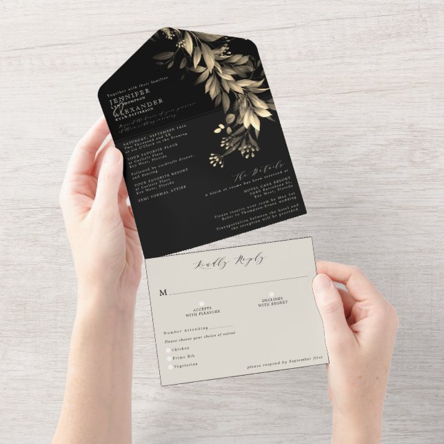 Invitation Tout En Un Simple Moody Greenery Mariage noir & beige (Déchirure)