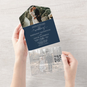 Invitation Tout En Un Simple Navy Blue 2 Photo QR Code RSVP Mariage