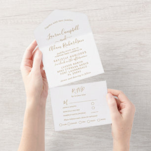 Invitation Tout En Un Simple Or & Blanc Calligraphie Mariage