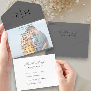 Invitation Tout En Un Simple Photo Calligraphie Gris RSVP Mariage