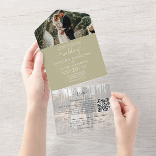 Invitation Tout En Un Simple Sage Green 2 Photo QR Code RSVP Mariage