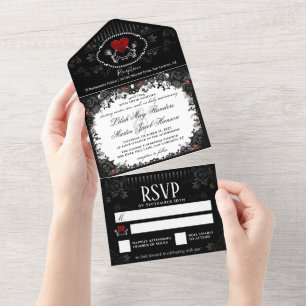 Invitation Tout En Un Skeletons mariages Coeur Noir Blanc - Ensemble Ave