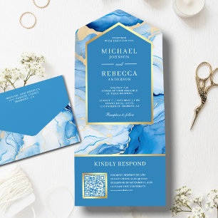 Invitation Tout En Un Sky Blue Gold Abstrait Fluid Ink QR Code Mariage