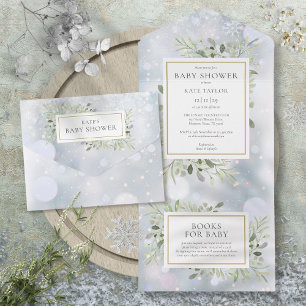 Invitation Tout En Un Snowflakes d'hiver Baby shower de feuillage vert