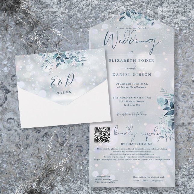Invitation Tout En Un Snowflakes Floral QR Code Mariage (Winter Snowflakes Floral QR Code Wedding All In One Invitation)