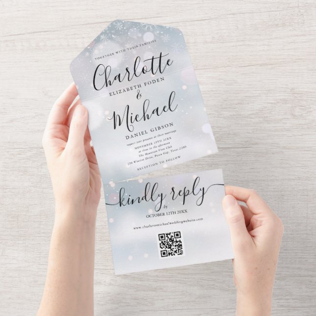Invitation Tout En Un Snowflakes hiver QR Code Mariage (Déchirure)