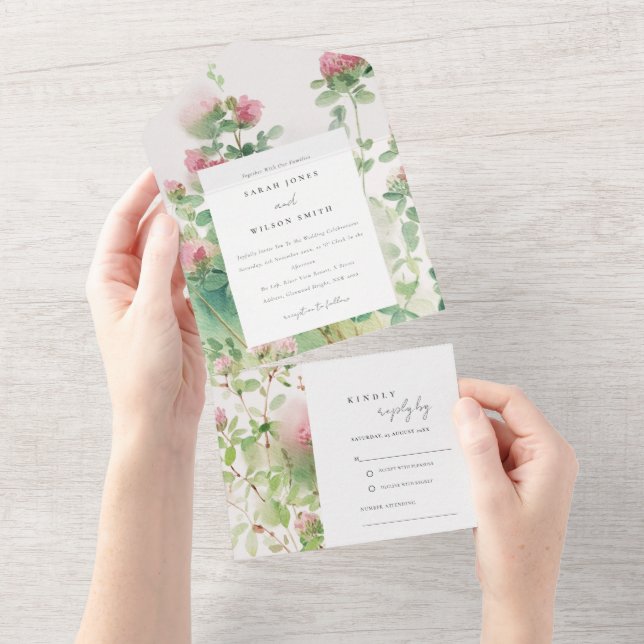 Invitation Tout En Un Soft Subtle Rose Aquarelle Floral Garden Mariage (Déchirure)