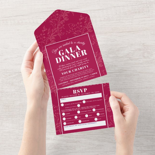 Invitation Tout En Un Soirée de gala motif rouge foncé  (Déchirure)