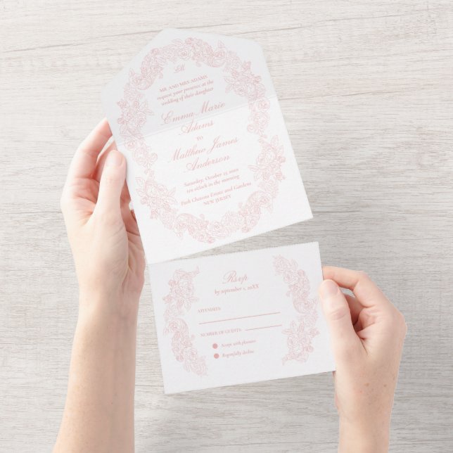 Invitation Tout En Un Sophistiqué Classic Script Blush Rose Mariage (Déchirure)