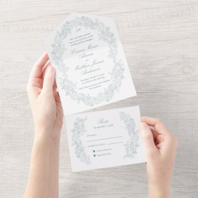 Invitation Tout En Un Sophistiqué Classic Script Dusty Blue Mariage (Déchirure)