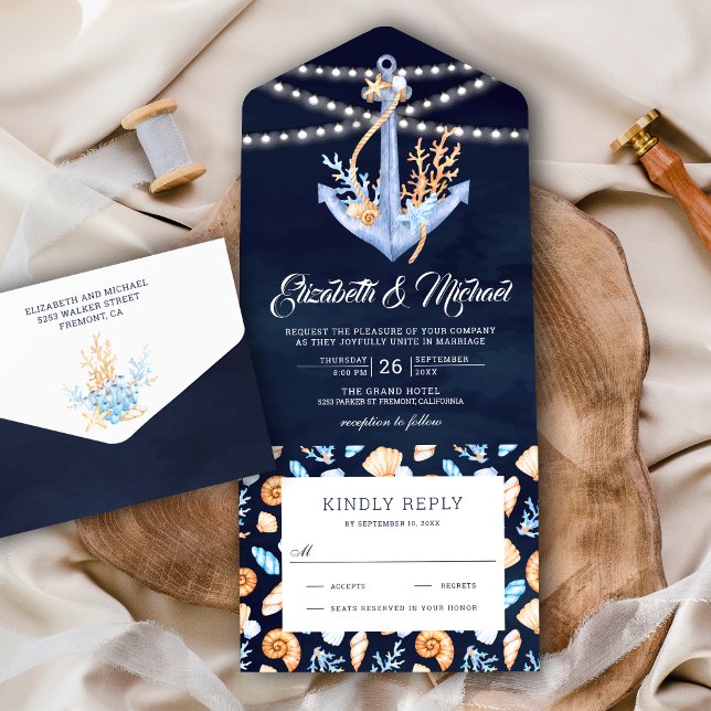 Invitation Tout En Un Sous l'Ancre nautique Marine Mariage bleu marine (Créateur téléchargé)