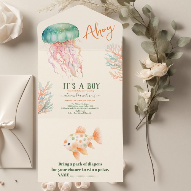 Invitation Tout En Un Sous le Baby shower d'animaux de l'océan marin (Créateur téléchargé)