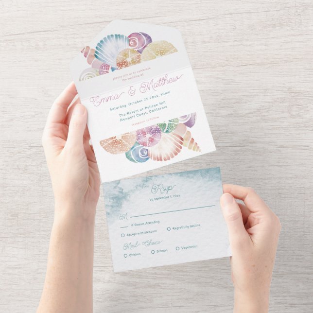 Invitation Tout En Un Sous Sea Shell Watercolor Beach Budget Mariage (Déchirure)