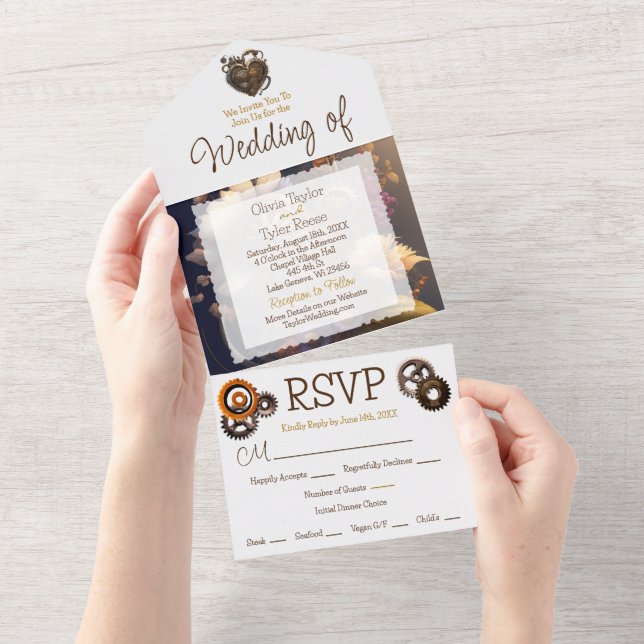 Invitation Tout En Un Steampunk, Fleurs et Plumes Mariage (Déchirure)