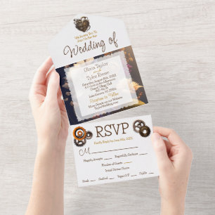 Invitation Tout En Un Steampunk, Fleurs et Plumes Mariage