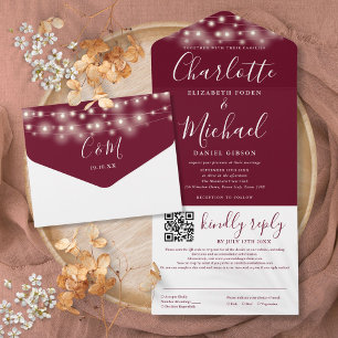 Invitation Tout En Un String Lights Burgundy Script QR Code Mariage