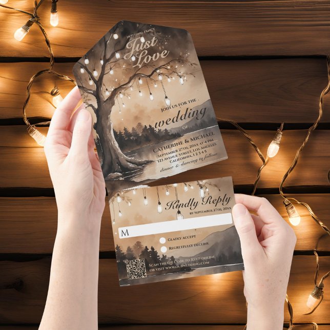 Invitation Tout En Un String Lights Romantic Country QR Code Mariage (Créateur téléchargé)