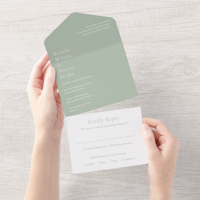 Invitation Tout En Un Style Sage Green Mariage moderne (Déchirure)
