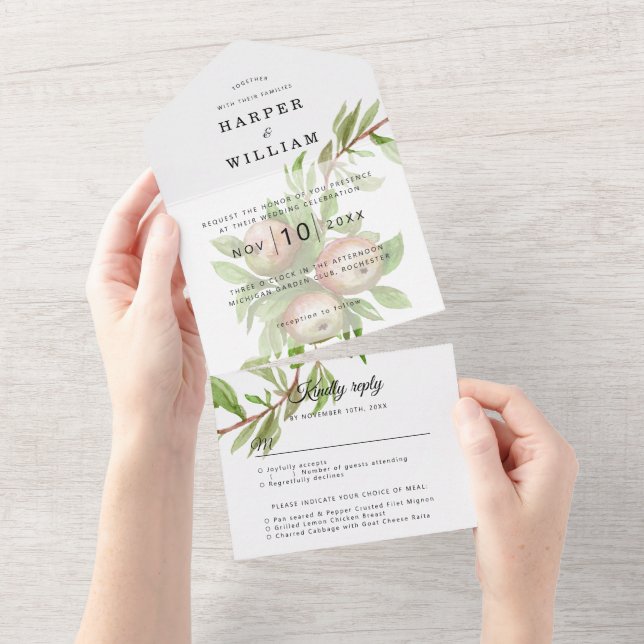 Invitation Tout En Un Suite mariage enveloppe de pommes aquarelle (Déchirure)
