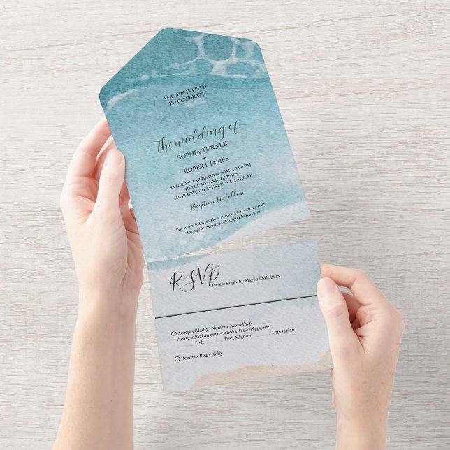 Invitation Tout En Un Summer Blue Beach Wedding (Déchirure)