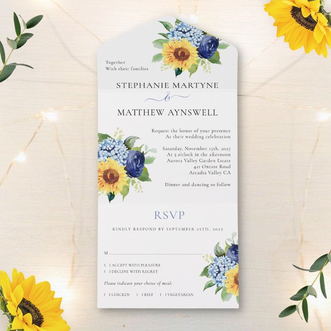 Invitation Tout En Un Sunflower Dusty Blue Floral Mariage botanique (Créateur téléchargé)