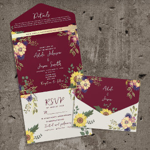 Invitation Tout En Un Sunflower Fall Fleur sauvage Bourgogne Mariage