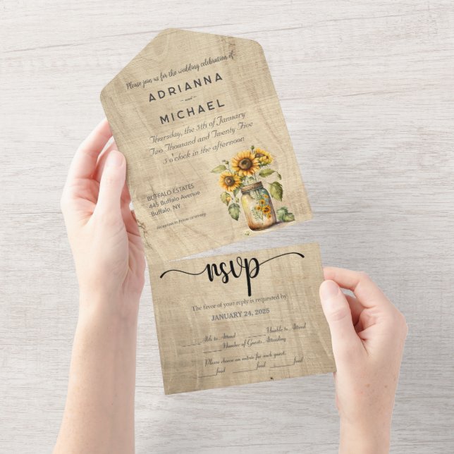Invitation Tout En Un Sunflower Mason Jar Wood en un mariage Inviter (Déchirure)