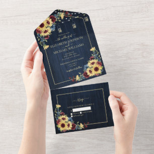 Invitation Tout En Un Sunflower Navy Bleu Bourgogne Bois Floral Pas de m