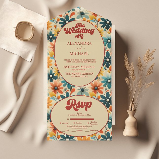 Invitation Tout En Un Super Retro les années 70 Floral Mariage (Créateur téléchargé)