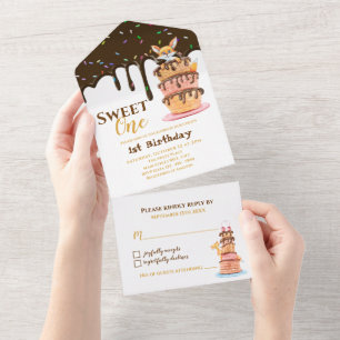 Invitation Tout En Un Sweet One Chat et séchage Chocolat 1s Anniversaire
