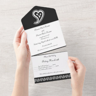 Invitation Tout En Un Sweet Paisley Hearts en noir