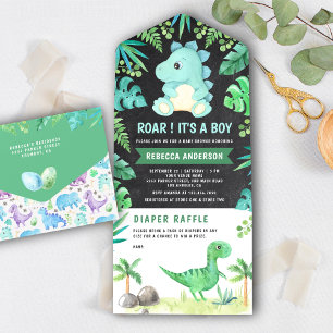 Invitation Tout En Un Tableau vert craie Dinosaure sarcelle Mignon Baby