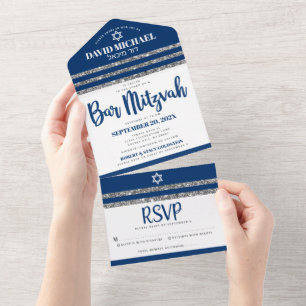 Invitation Tout En Un Tallit Bar Mitzvah Bleu Marine Écriture Simple Mod