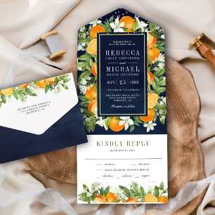 Invitation Tout En Un Tangerine rustique Citrus Orange Mariage bleu mari