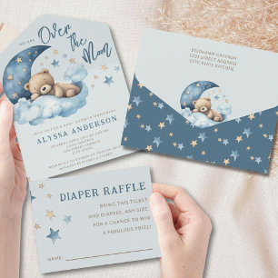 Invitation Tout En Un Teddy Bear Blue sur le Baby shower de la Lune