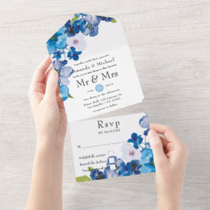 Invitation Tout En Un teintes du Mariage floral bleu