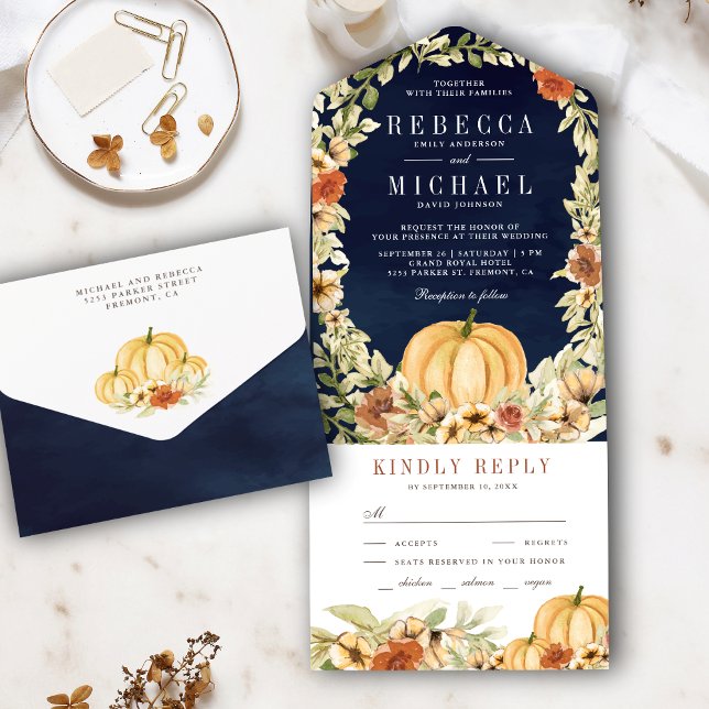 Invitation Tout En Un Terme Citrouille floral  bleu marine Mariage (Créateur téléchargé)