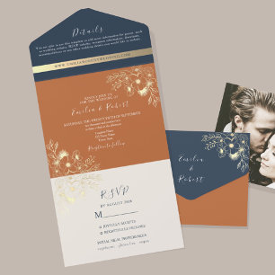 Invitation Tout En Un Terracotta and Navy Blue Wedding