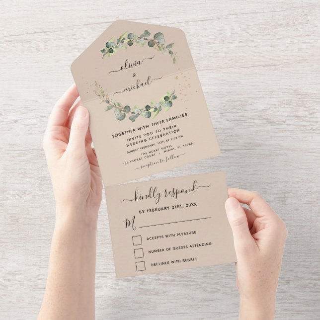 Invitation Tout En Un Terracotta Eucalyptus Verdure Mariage Élégant (Déchirure)