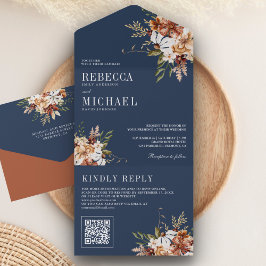 Invitation Tout En Un Terracotta Floral Fleur sauvage Marine Mariage ble