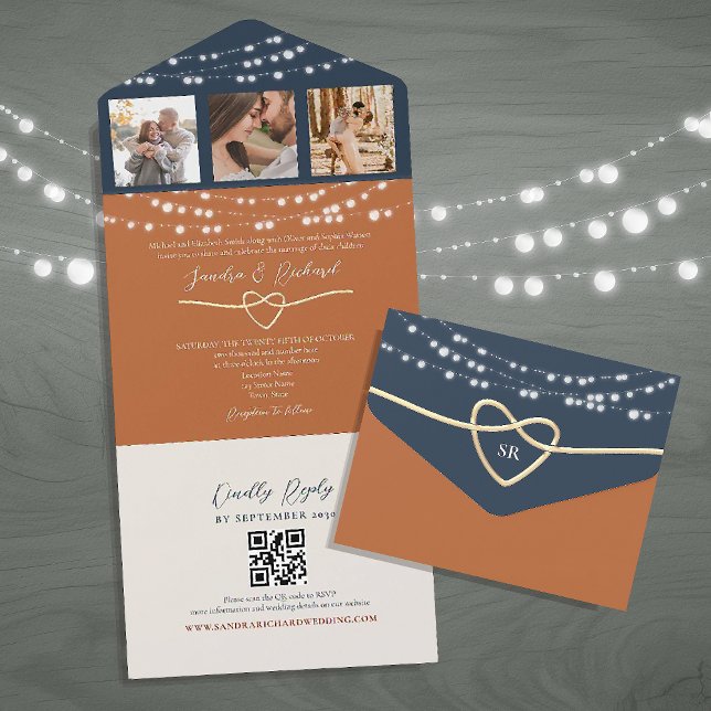 Invitation Tout En Un Terracotta Marine Bleu Chaîne Lumières Mariage QR  (Créateur téléchargé)