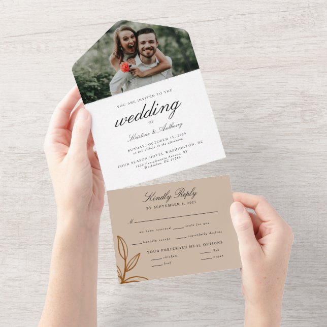 Invitation Tout En Un Terracotta moderne élégante avec Mariage Feuille (Déchirure)
