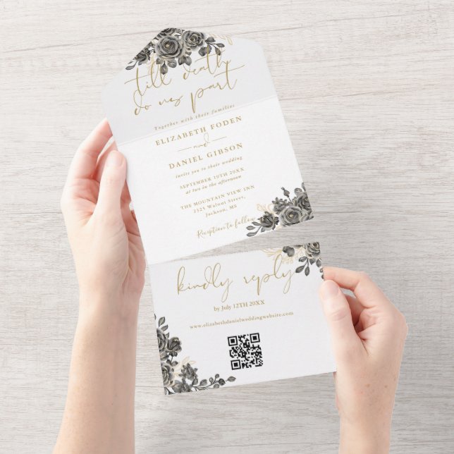 Invitation Tout En Un Till Death Gold Rose gothique QR Code Mariage (Déchirure)