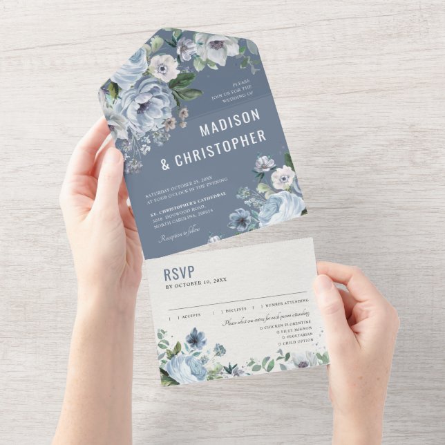 Invitation Tout En Un Tons gris bleu foncé hiver rustique Mariage Al (Déchirure)