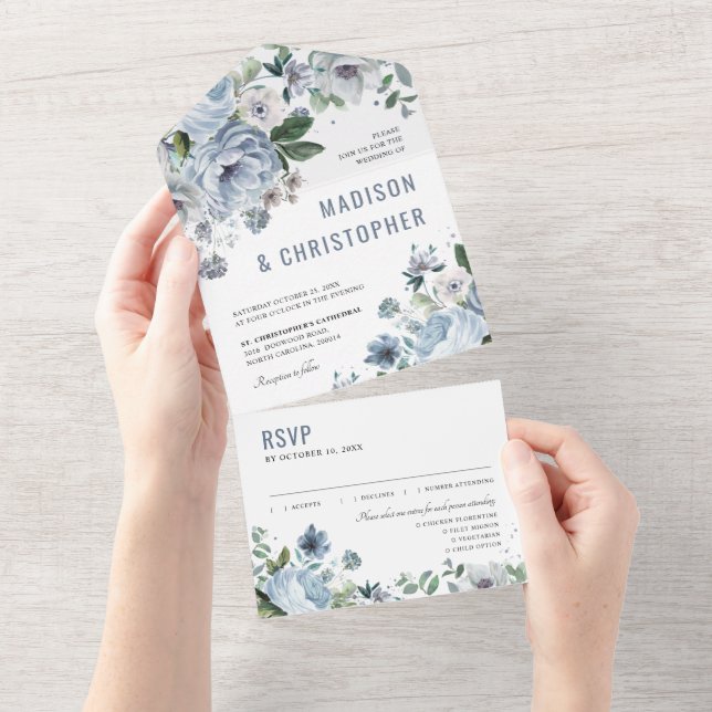 Invitation Tout En Un Tons gris bleu foncé hiver rustique Mariage Al (Déchirure)